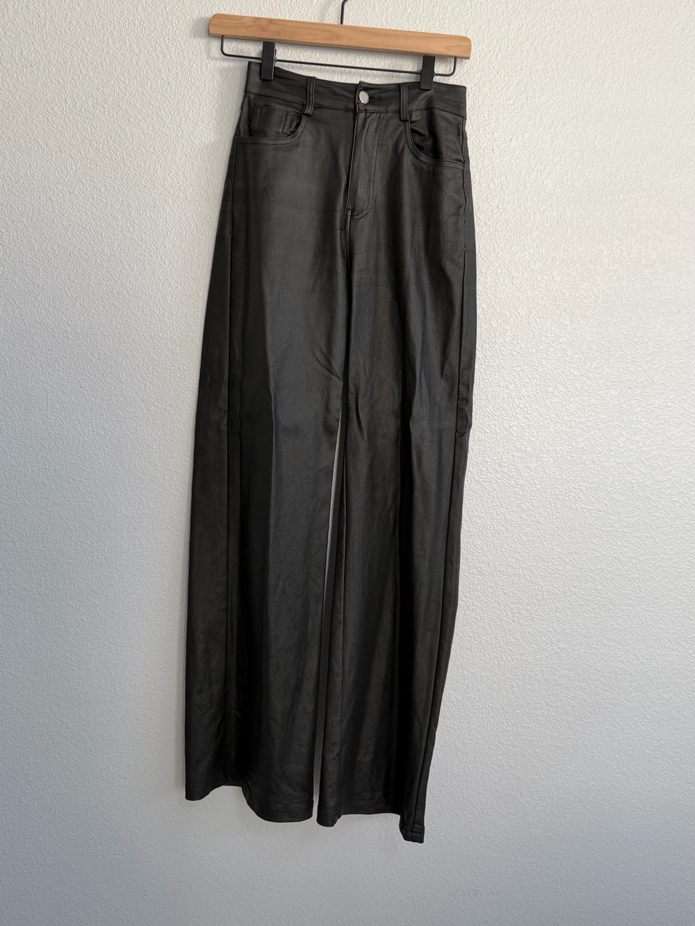 Wide Leg Faux Leather Pants - Black
